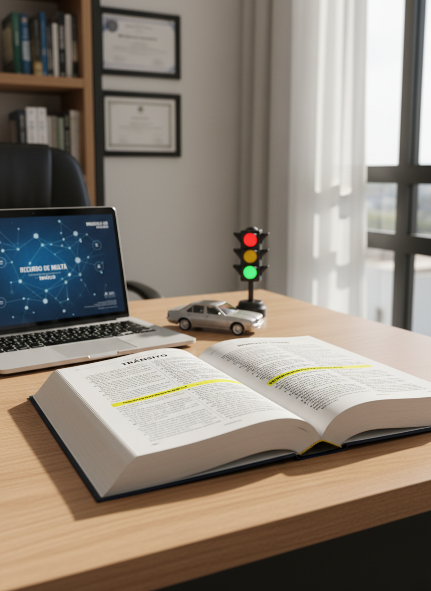 A clean, modern law office desk in Brazil focused on traffic law, with a neatly arranged open legal code book displaying highlighted sections about trânsito, beside a silver laptop showing an abstract interface of a traffic fine appeal. A small model of a car and a miniature traffic light sit on the wooden surface, symbolizing driving rights. Soft daylight from a nearby window casts gentle, professional shadows on the light oak desk. Photographic realism, shot at eye level with a shallow depth of field so the desk is sharp and the background of organized shelves and framed certifications is softly blurred, conveying trust, professionalism, and calm confidence.